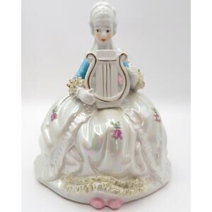 Vintage Porcelain Lady Figurine w/ Lyre Harp Iridescent Luster Mid Century 6in